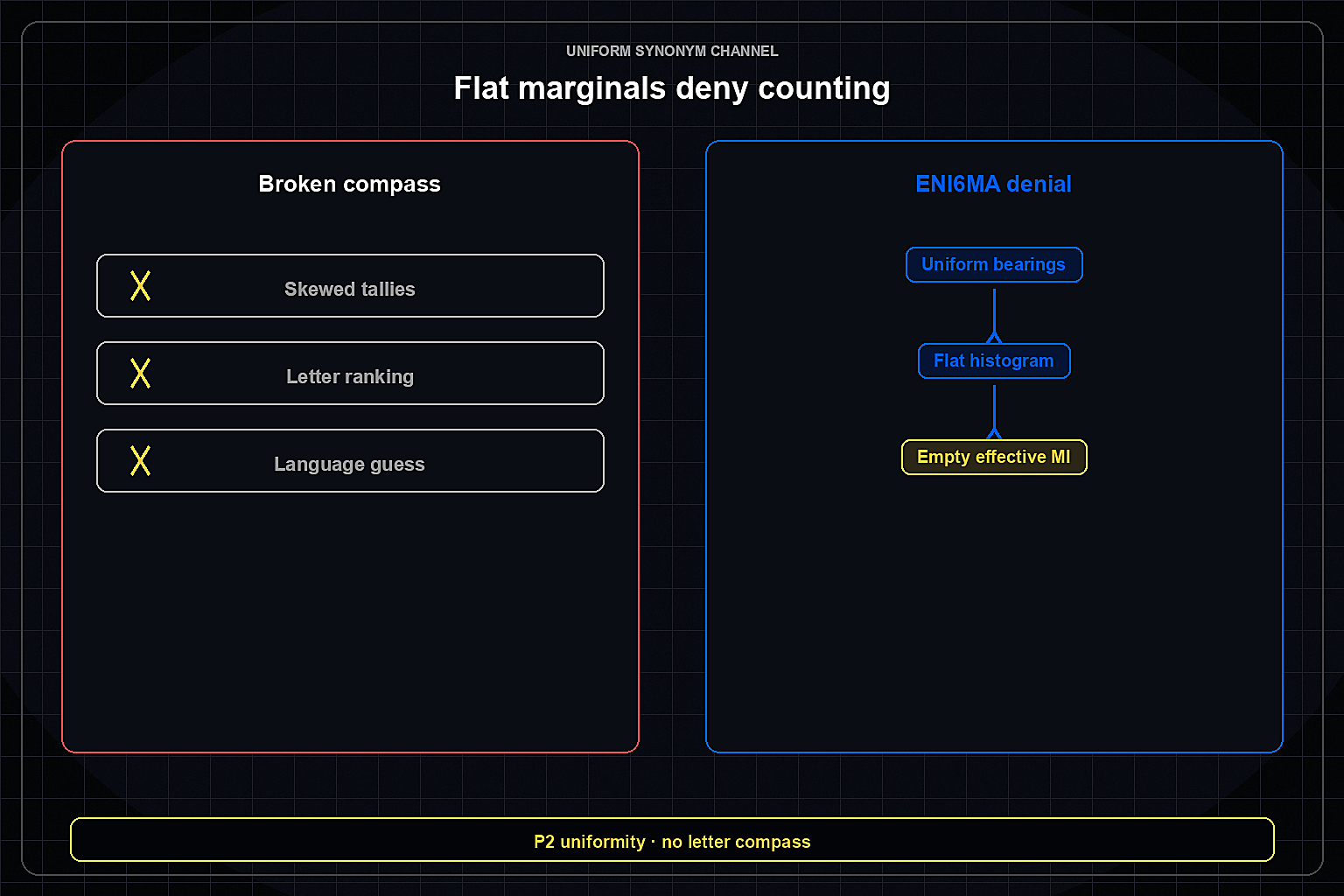 Flat synonym marginals and empty effective MI denying letter-counting compasses
