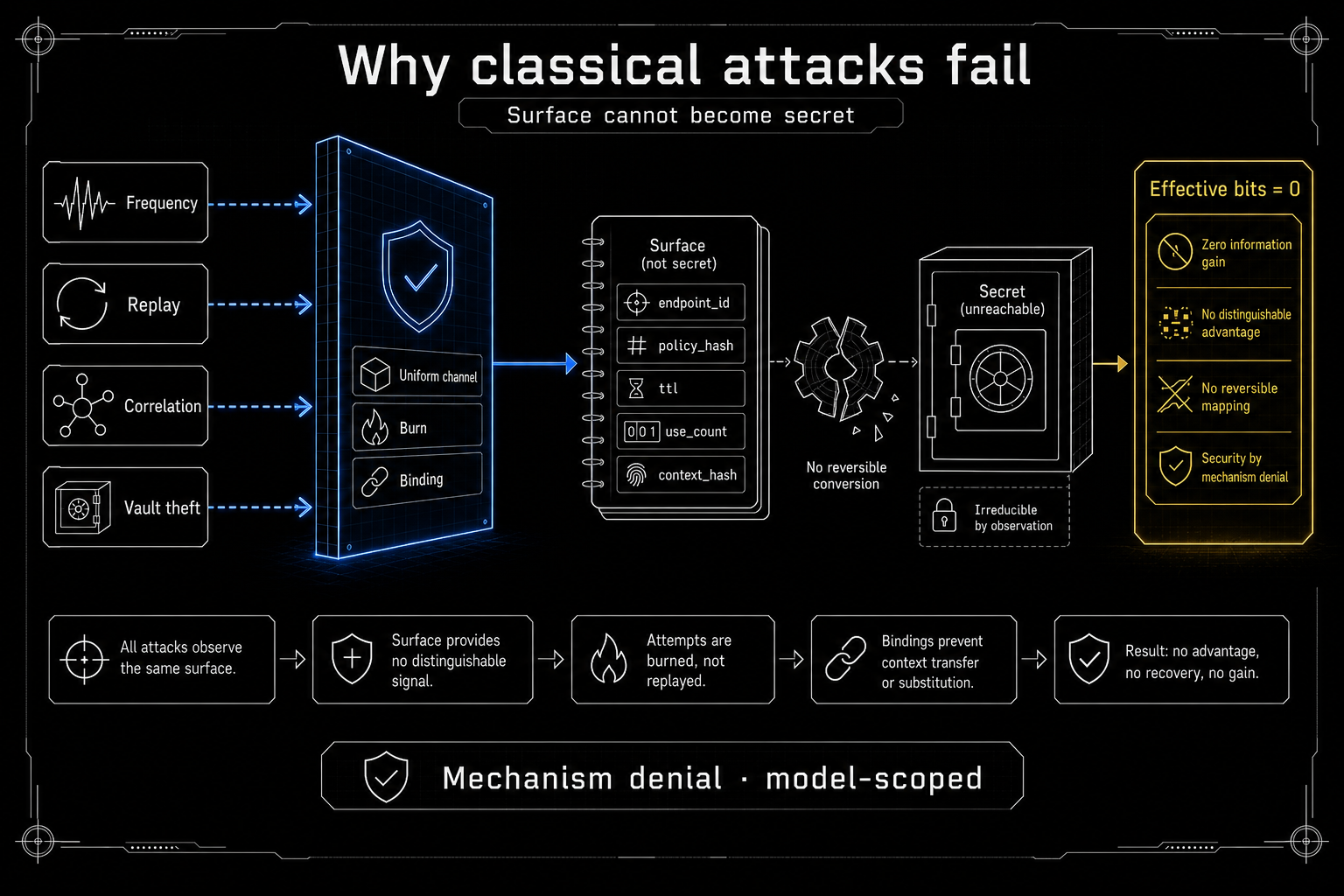 Classical attack arrows blocked by uniform channel, burn, and binding; surface observations cannot become secret knowledge
